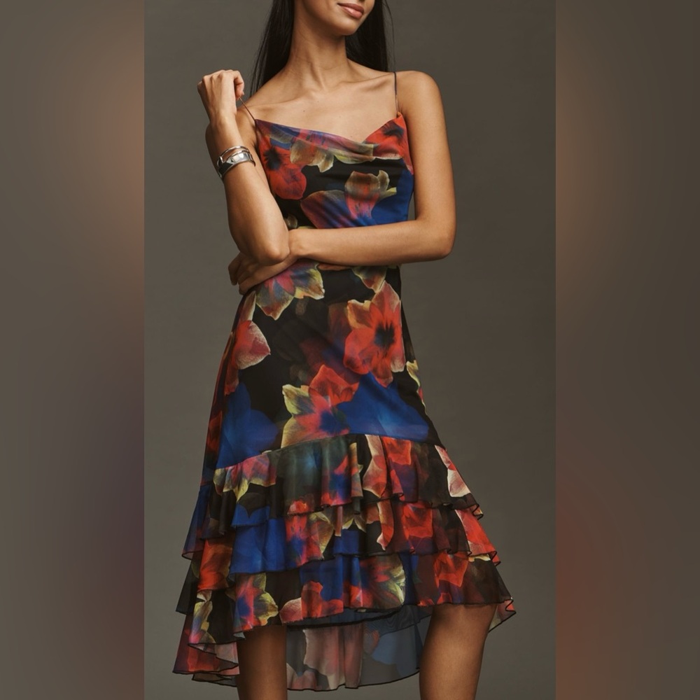 NEW NWT WOMENS Sz MEDIUM ANTHROPOLOGIE MESH SLIP DRESS MIDI FLORAL COWL NECK
